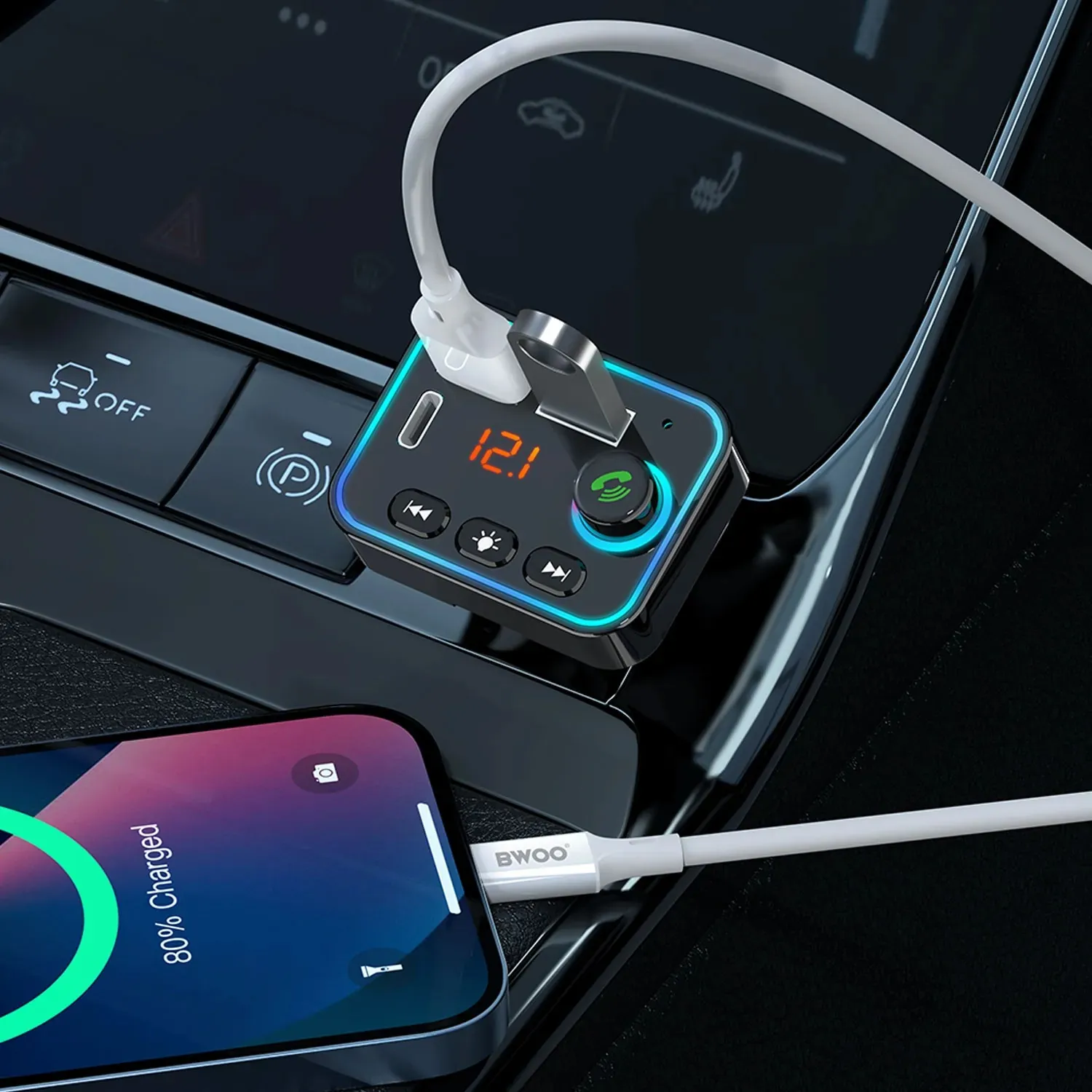 auto punjač s 3 porta (usb-a + usb-c) i radio fm transmiterom, bluetooth 5.3 handsfree - slika 3