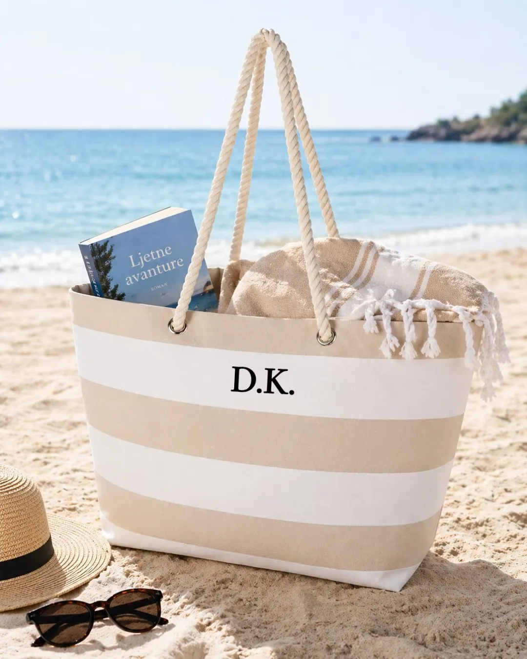 torba za plažu s imenom – bež s prugama - slika 2