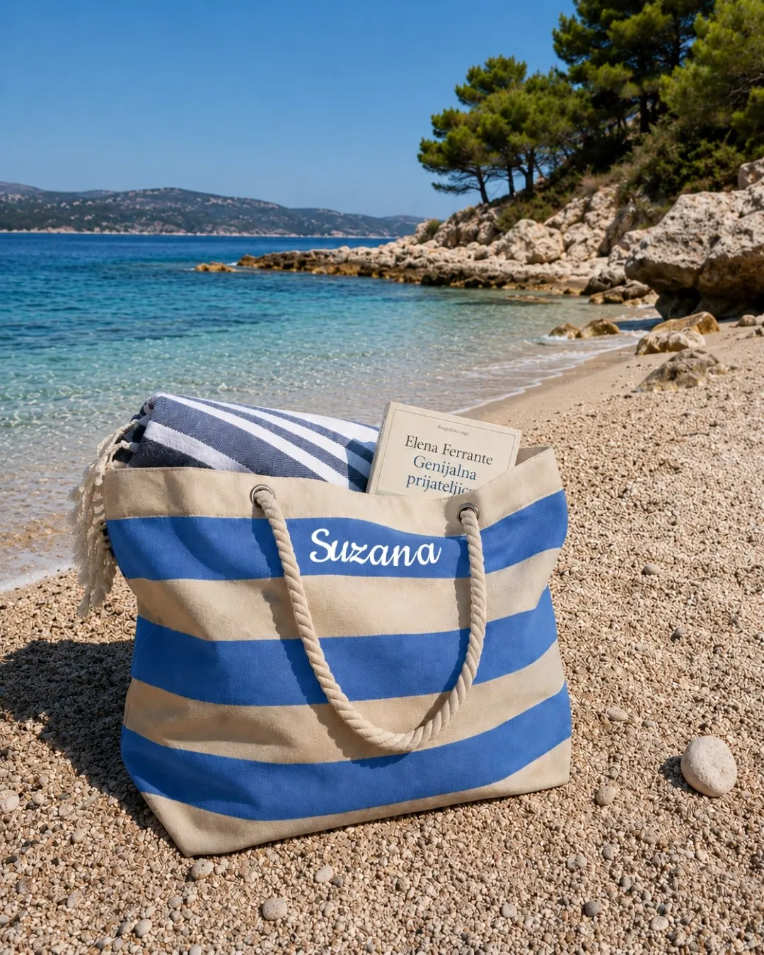 torba za plažu s imenom – plava s prugama - slika 2