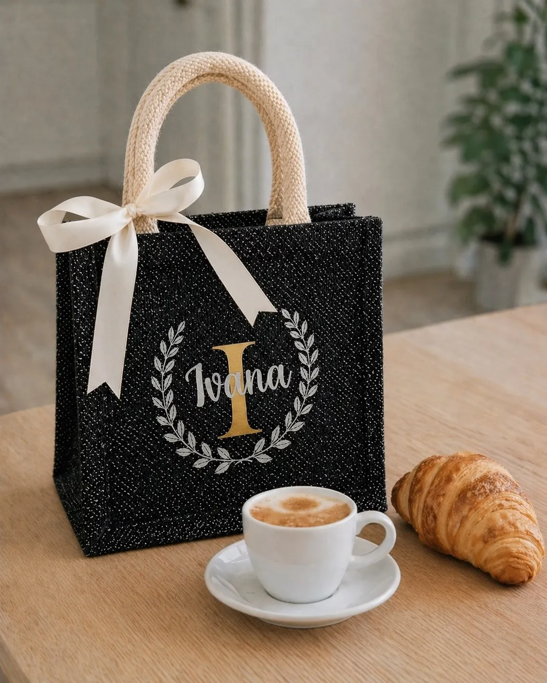 mini jutena torbica – crna sa šljokicama - slika 2