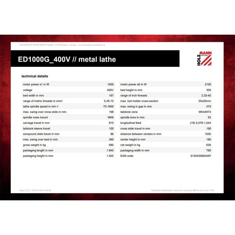 tokarilica za metal ed1000g_400v holzmann maschinen - slika 2