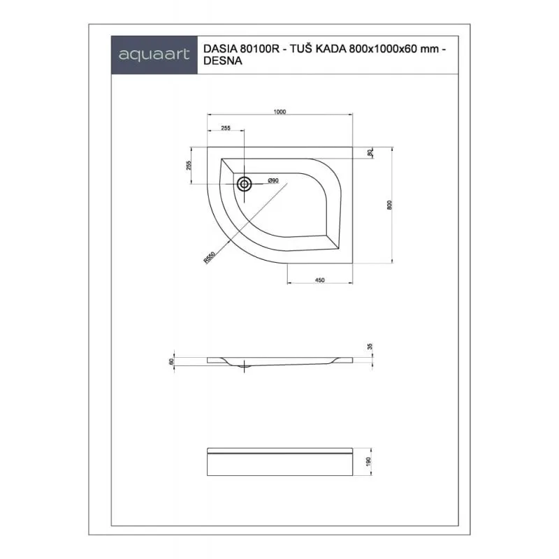 tuš kada dasia 80100r 800x1000x190mm - slika 2