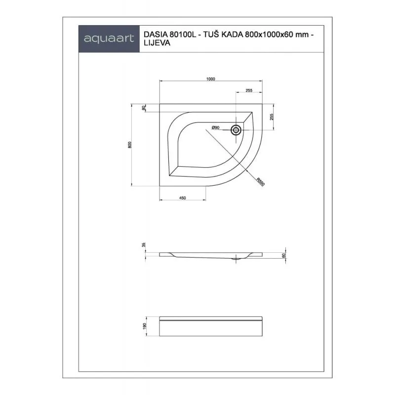 tuš kada dasia 80100l 800x1000x190mm - slika 2