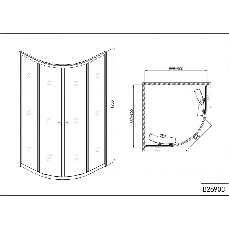 polukružni tuš s 2 klizna vrata krom 88,5-90x88,5-90x190cm - slika 6