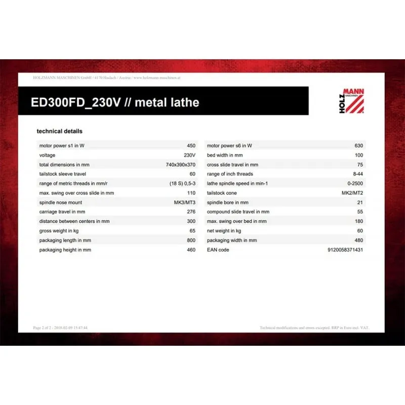 tokarilica za metal ed300fd_230v holzmann maschinen - slika 2