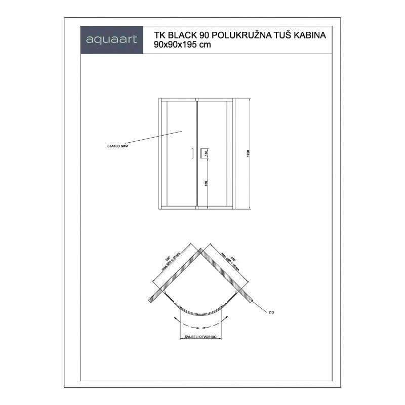 tk black 90 polukružna tuš kabina 90x90x195cm - slika 2