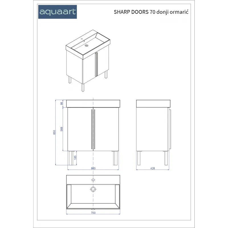 sharp doors 70 donji kupaonski ormarić lincoln zlatna ručkica - slika 2