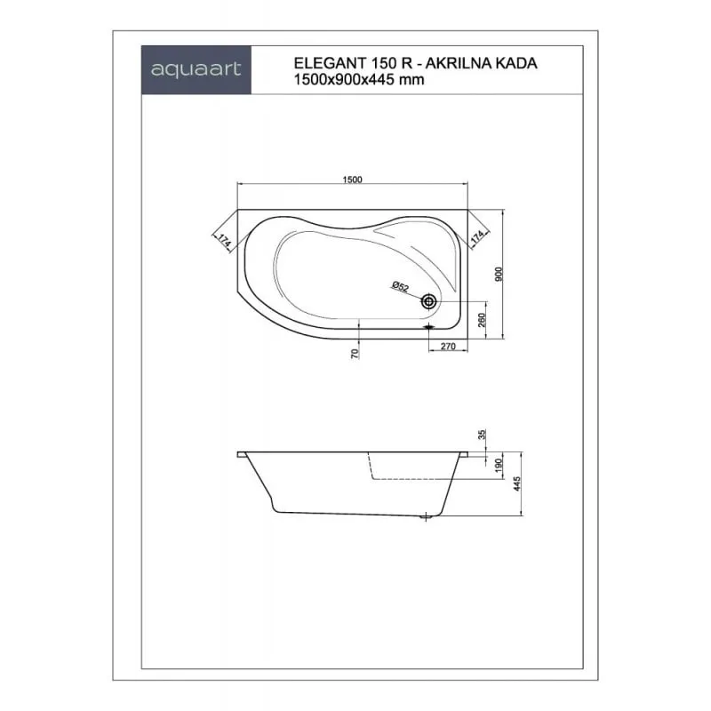 elegant 150r akrilna kada 1500x900x445 mm - slika 2