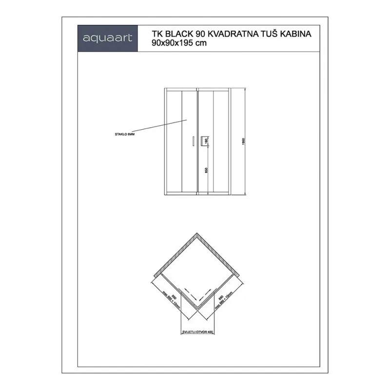tk black 90 pravokutna tuš kabina 90x90x195cm - slika 2