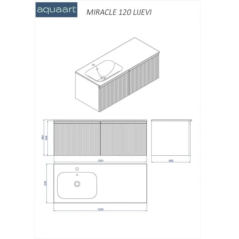 donji kupaonski ormarić lijevi miracle 120 kašmir crna ručkica - slika 4