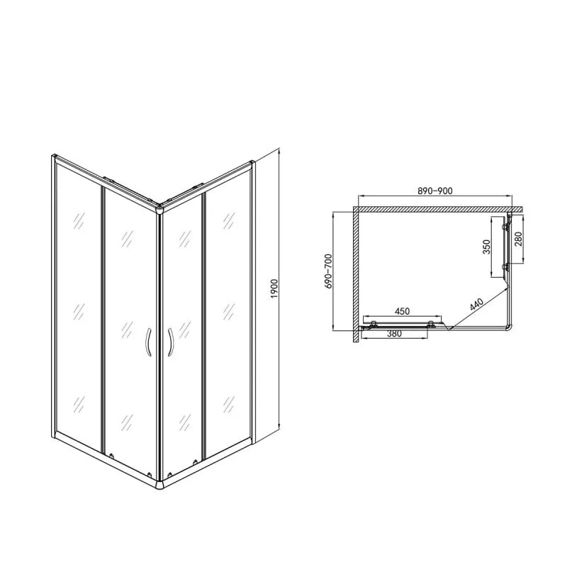 pravokutna tuš kabina s matiranim staklom, 2 vrata, krom 70x90x190 cm - slika 2