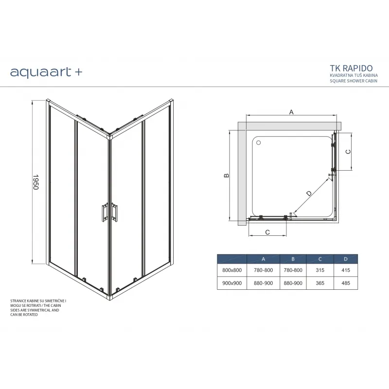 tk rapido 90kv brushed gold kvadratna tuš kabina 90x90x195cm - slika 3