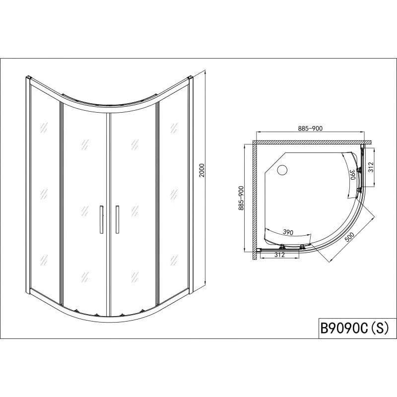 polukružni tuš pro-line, krom 88,5-90x88,5-90x200cm - slika 2