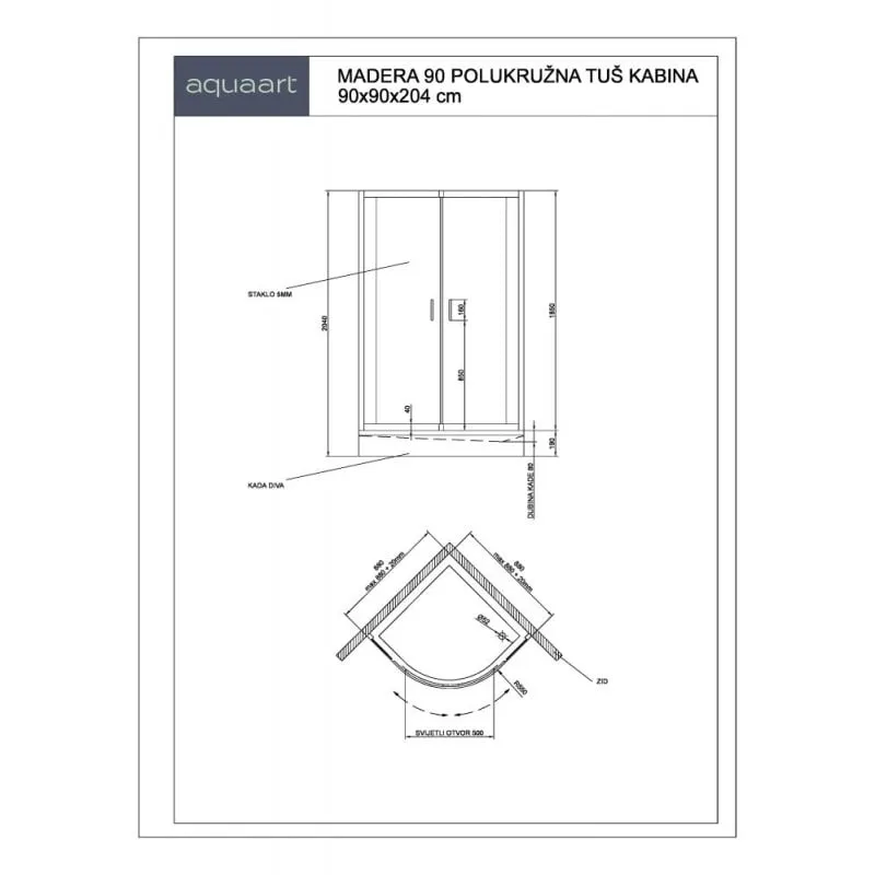 komplet – madera 90r polukružna tuš kabina s kadom - slika 2