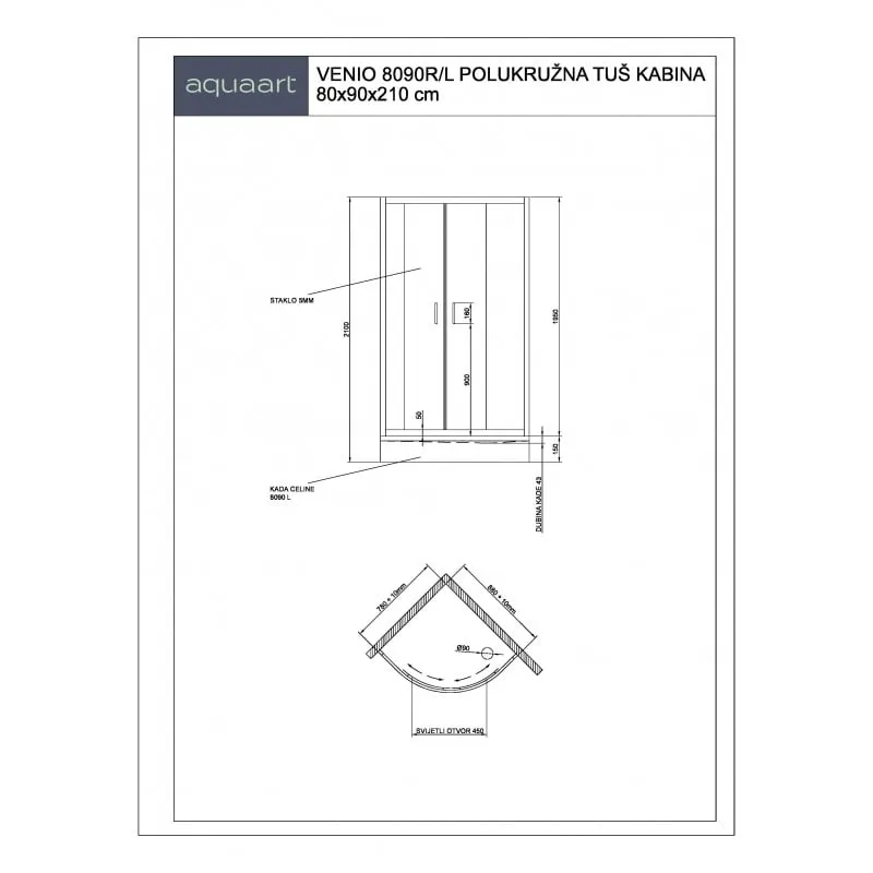 venio 8090r/l polukružna tuš kabina 80x90x210cm - slika 2