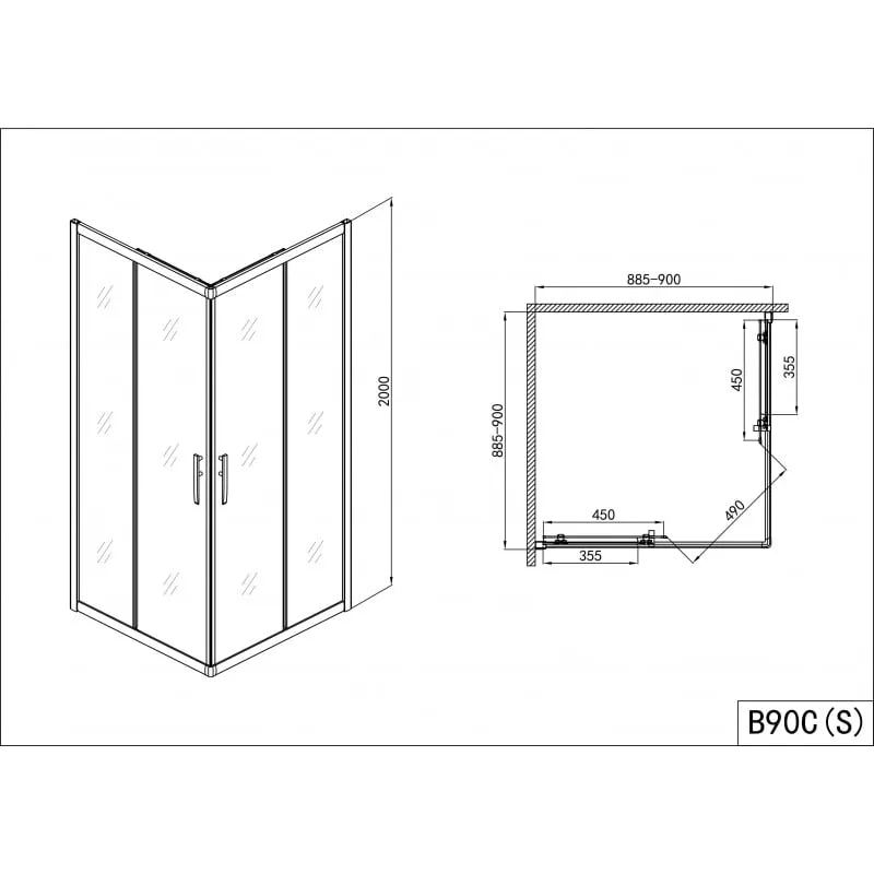 klizna kutna vrata za tuš pro-line, krom 88,5-90x200 - slika 6