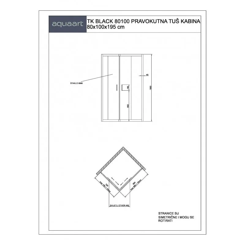 tk black 80100 pravokutna tuš kabina 80x100x195 cm - slika 2