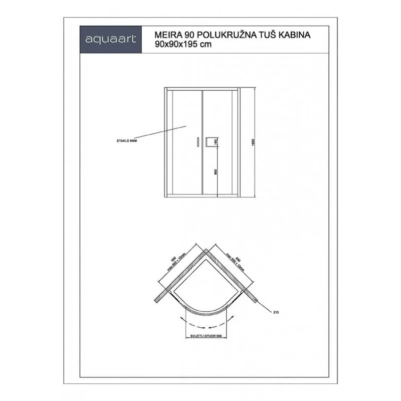 polukružna tuš kabina meira 90r 90x90x195cm - slika 2