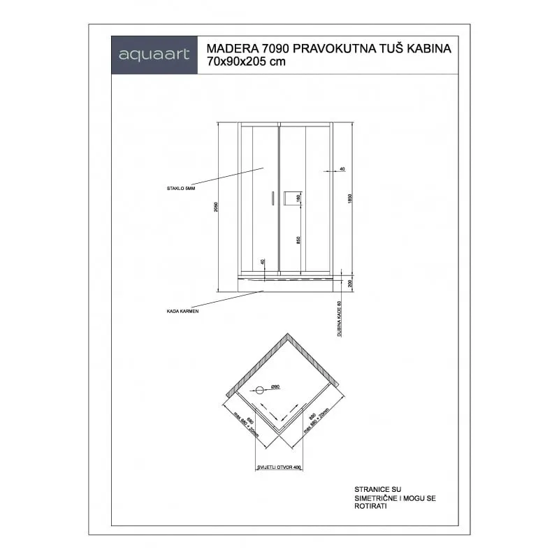 komplet – madera 7090 pravokutna tuš kabina s kadom - slika 4