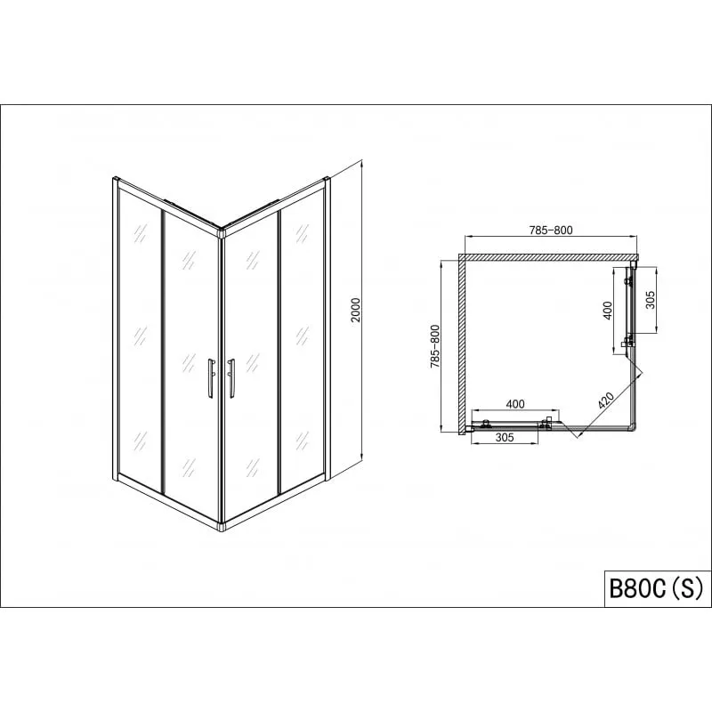 klizna kutna vrata za tuš pro-line, krom 78,5-80x200 - slika 2