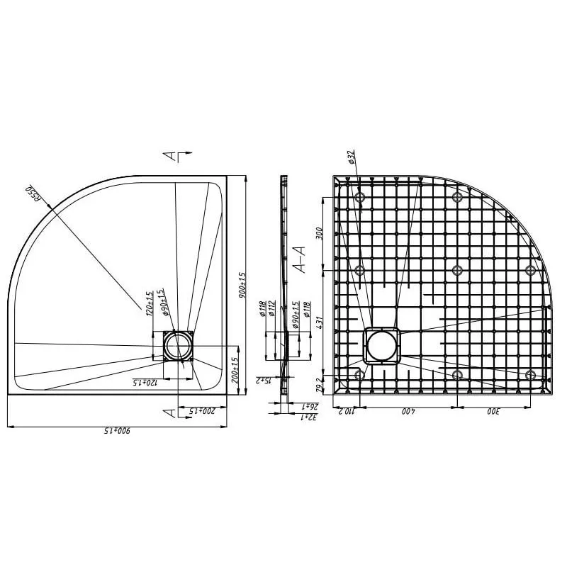 okrugla tuš kada smc 90x90cm, izgled bijelog kamena - slika 2