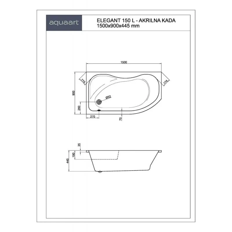 elegant 150 l - akrilna kada 1500x900x445 mm - slika 2
