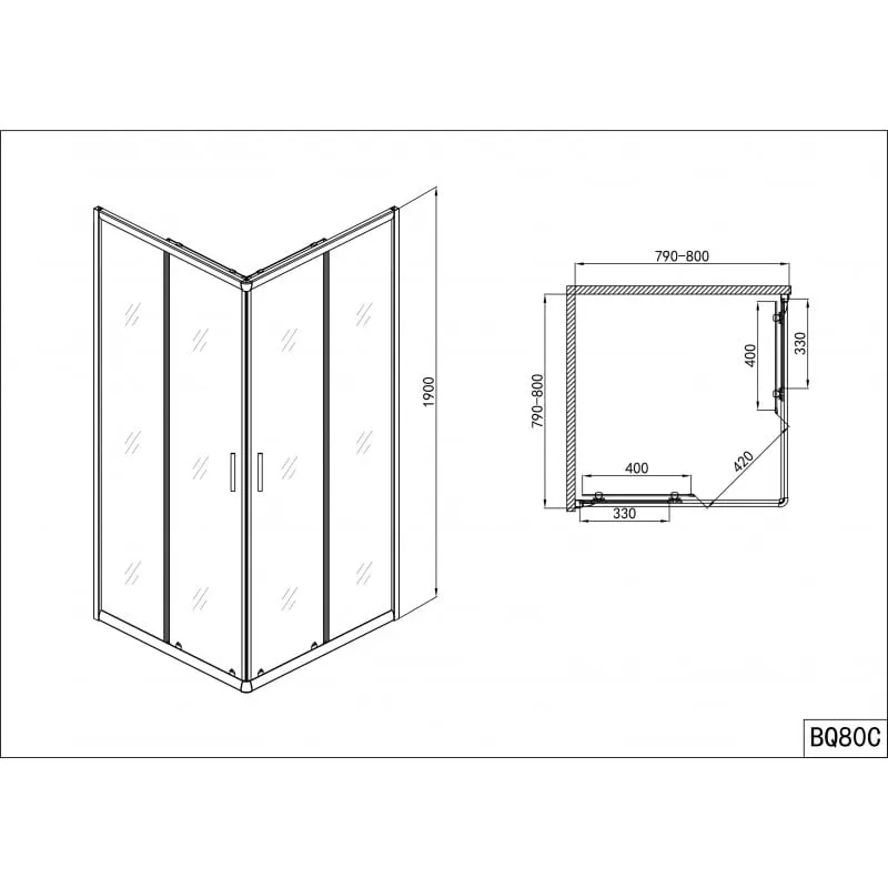 tuš kabina pravokutna kvd 80 serija bq 80x80x190 cm, krom s easy clean premazom - slika 2