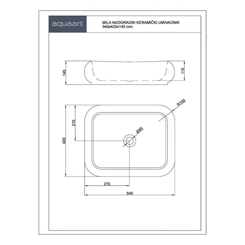 mila nadgradni keramički umivaonik 540x420x145 mm - slika 3
