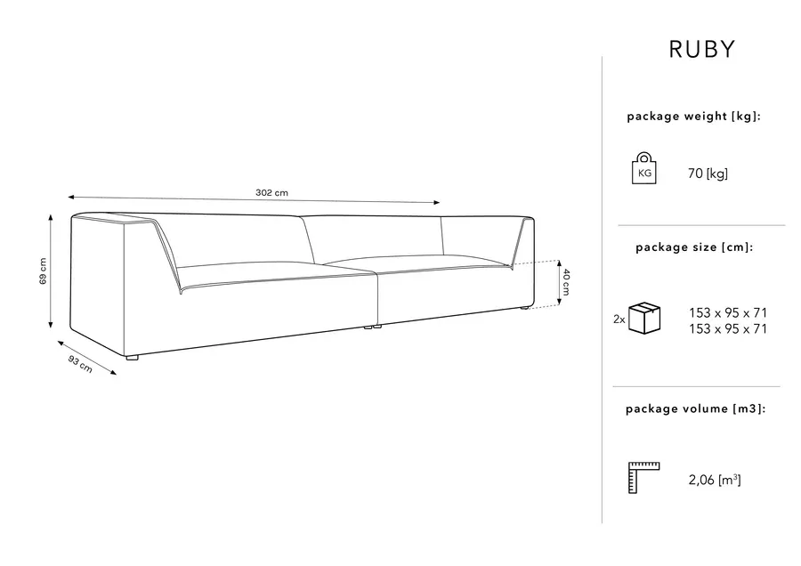 sofa ruby, 4 sjedala, 302x93cm, materijal: rebrasta tkanina - slika 6
