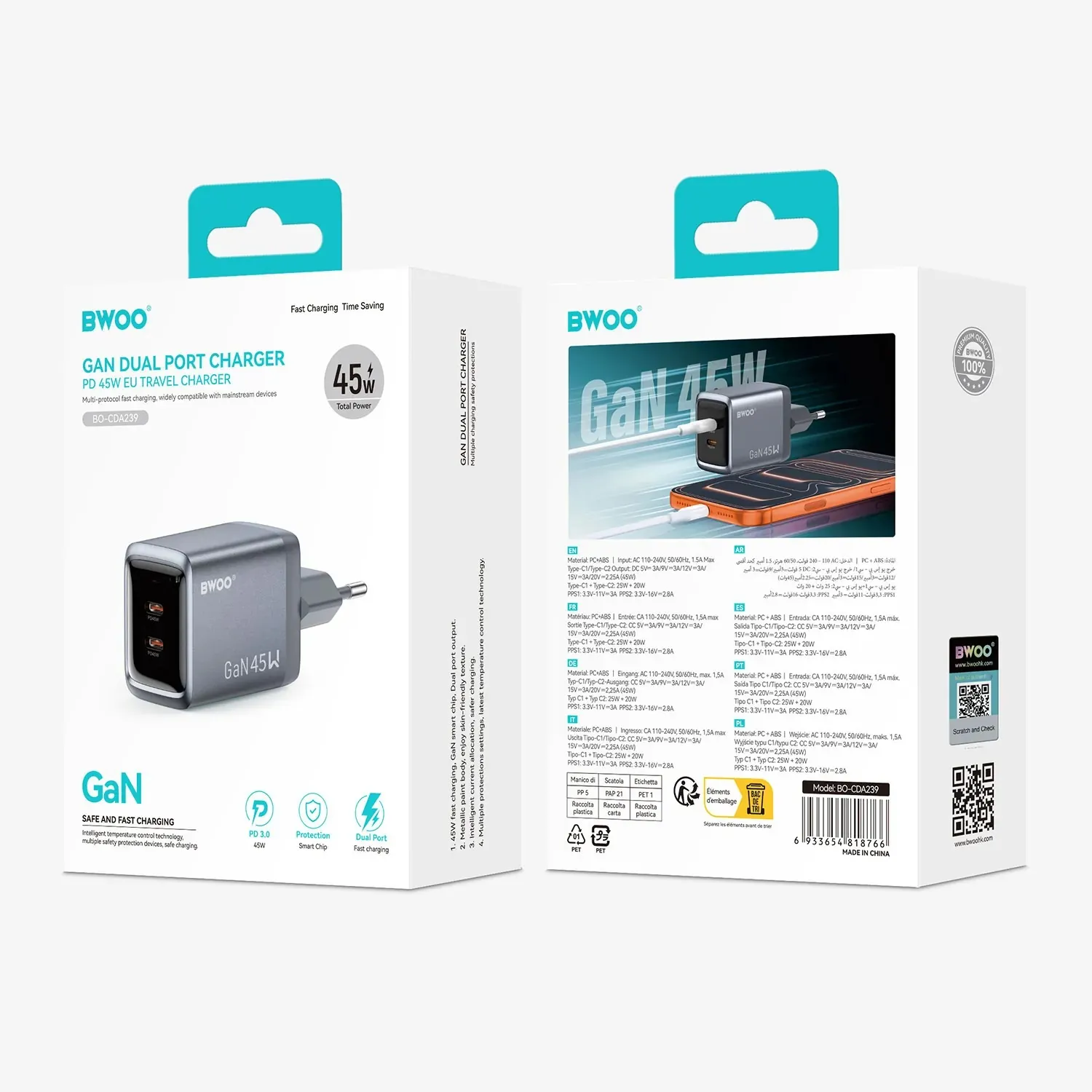 bwoo ganex 45w gan zidni punjač s dva usb-c priključka-otporan na vatru,plamen - slika 3