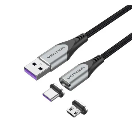 Vention USB 2.0 A Male to 2-in-1 Micro-B USB-C Male 5A Magnetic Cable 1m, Gray - Umag
