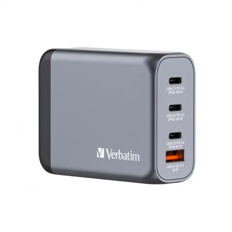 Verbatim GNC-100 GaN zidni punjač 100W, 2×USB-C PD 100W / 1×USB-C PD 65W / 1× USB-A QC3.0 - Umag