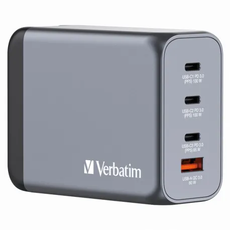 Verbatim GNC-200 GaN zidni punjač 200W, 4 priključka, 2×USB-C PD 100W / 1×USB-C PD 65W / 1×USB QC 3.0 - Umag