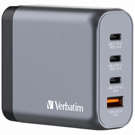Verbatim GNC-140 GaN zidni punjač 140W, 4 priključka, 2×USB-C PD 140W / 1×USB-C PD 20W / 1×USB-A QC 3.0 - Umag