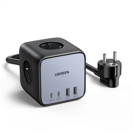 UGREEN DigiNest Cube, univerzalni punjač, 65W, 3x ŠUKO utičnica, 2x USB-C, 2x USB-A, 1.8m, crno sivi - Umag