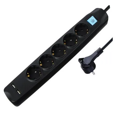 transmedia 5-way power strip with 2x usb, black, 5m - slika 1