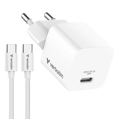 Verbatim Mini GaN punjač 20W PD3.0 s kabelom USB-C / C, M/M, 1.0m , bijeli - Umag