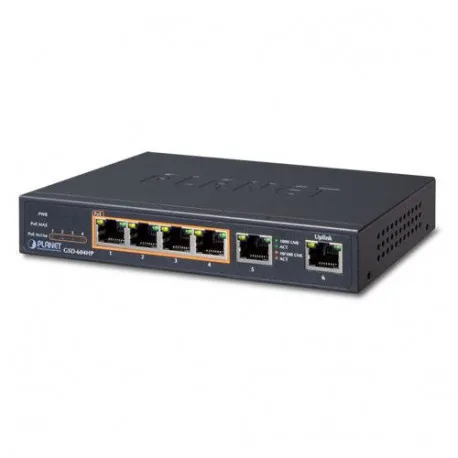 Planet 6-Port (4x 802.3at PoE Ports (55W) 2x GbE) Unmanaged Desktop PoE Switch - Umag