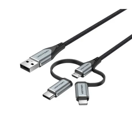 Vention USB 2.0 A Male to 3-in-1 Micro-B USB-C Lightning Male Cable 1,5m, Gray - Umag