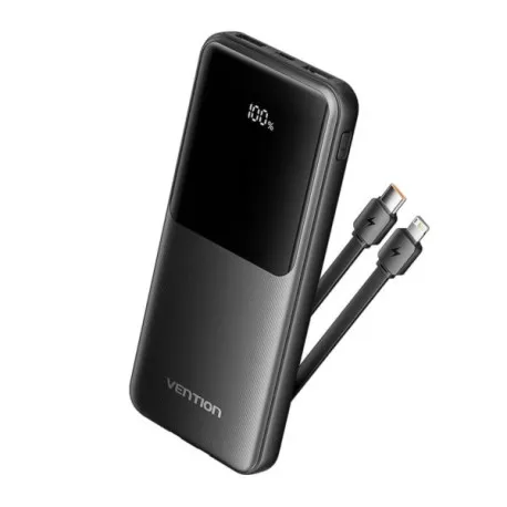 Vention 10000mAh Power Bank (Micro-USB USB-C USB-A USB-A) with Built-in USB-C and Lightning Cables 22.5W Black LED Displ - Umag
