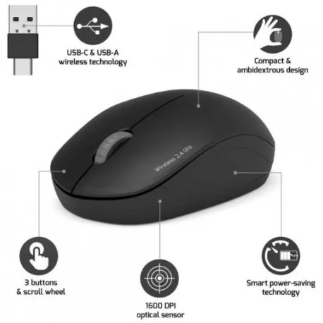 Port miš OFFICE bežični USB-A/USB-C, crni - Umag