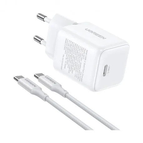 ugreen zidni punjač 30w, usb-c, gan, bijeli + usb-c kabel, 1m - slika 1
