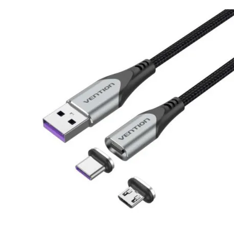 Vention USB 2.0 A Male to 2-in-1 Micro-B USB-C Male 5A Magnetic Cable 2m, Gray - Umag