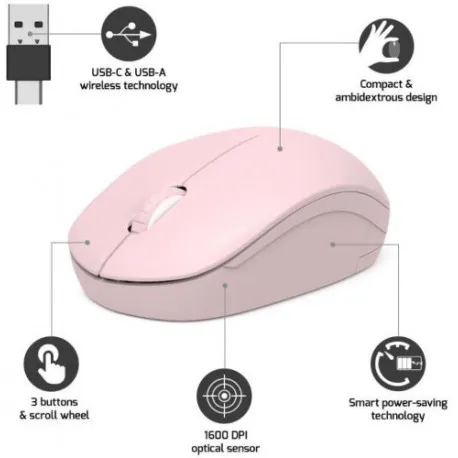 Port miš OFFICE bežični USB-A/USB-C, roza - Umag