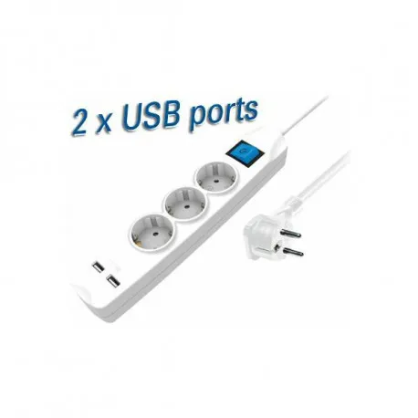 Transmedia 3-way power strip with two USB charging ports, 1,5m white - Umag