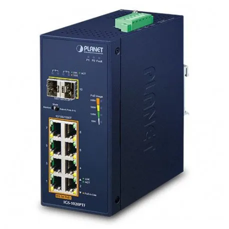 Planet Industrial 8-Port GbE 802.3at PoE (240W) 2-Port 100 1000X SFP Switch (-40~75 degrees C) - Umag