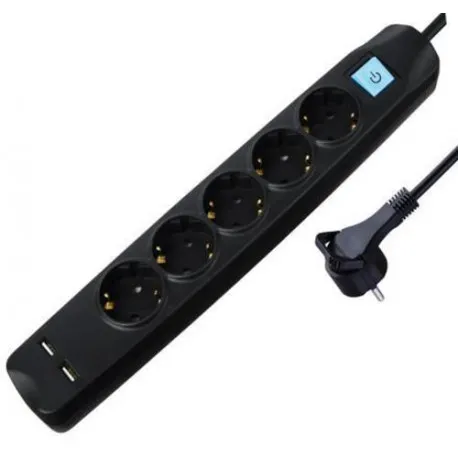 transmedia 5-way power strip with 2x usb, black, 1,5m - slika 1