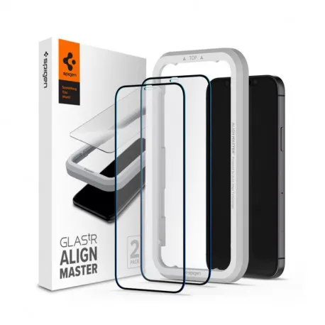 Spigen Glas tR ALM FC Black, zaštitno staklo za ekran telefona, 2 kom + okvir za instalaciju - iPhone 12 Pro Max - Umag