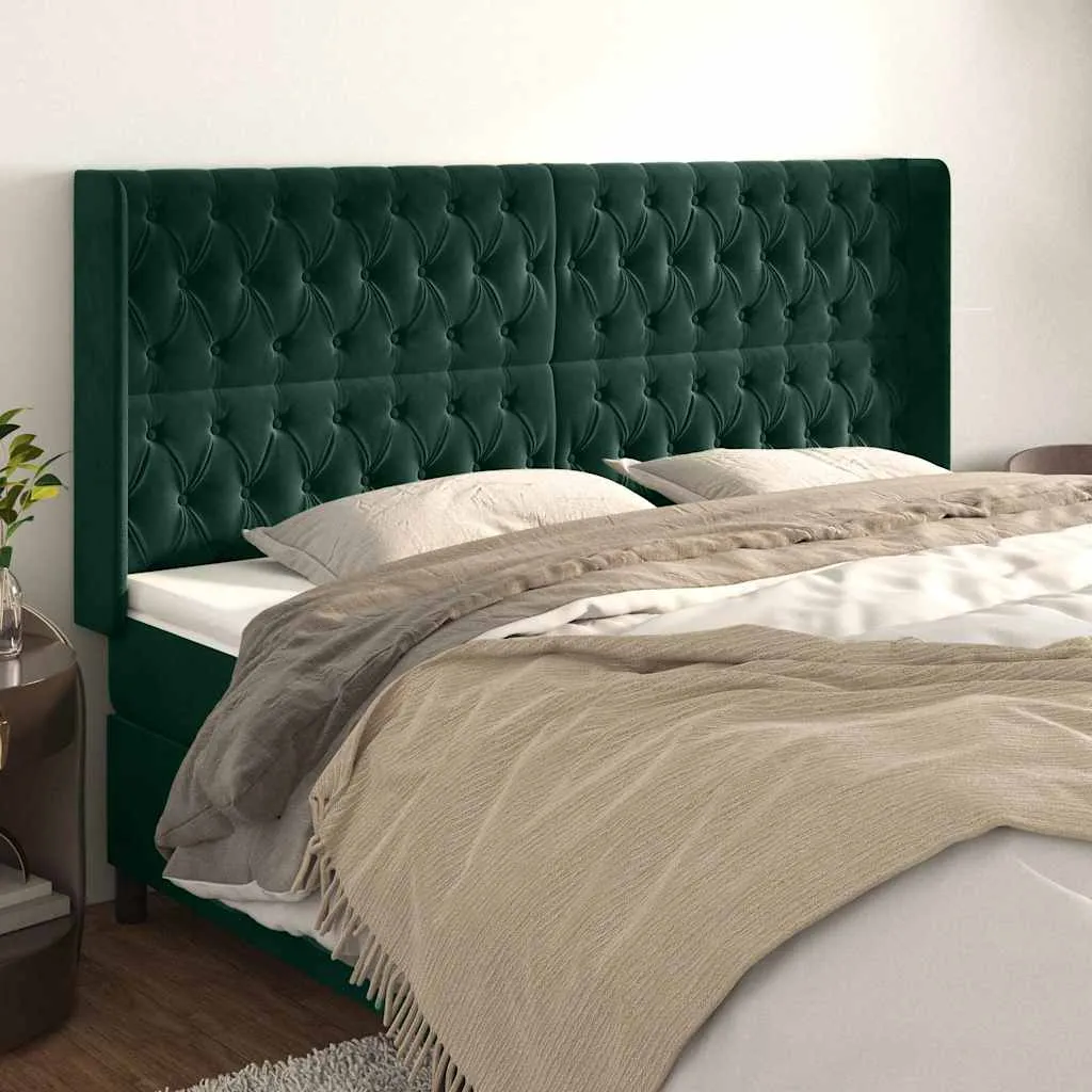 vidaXL Uzglavlje s ušima tamnozeleno 203x16x118/128 cm baršunasto - Venlo