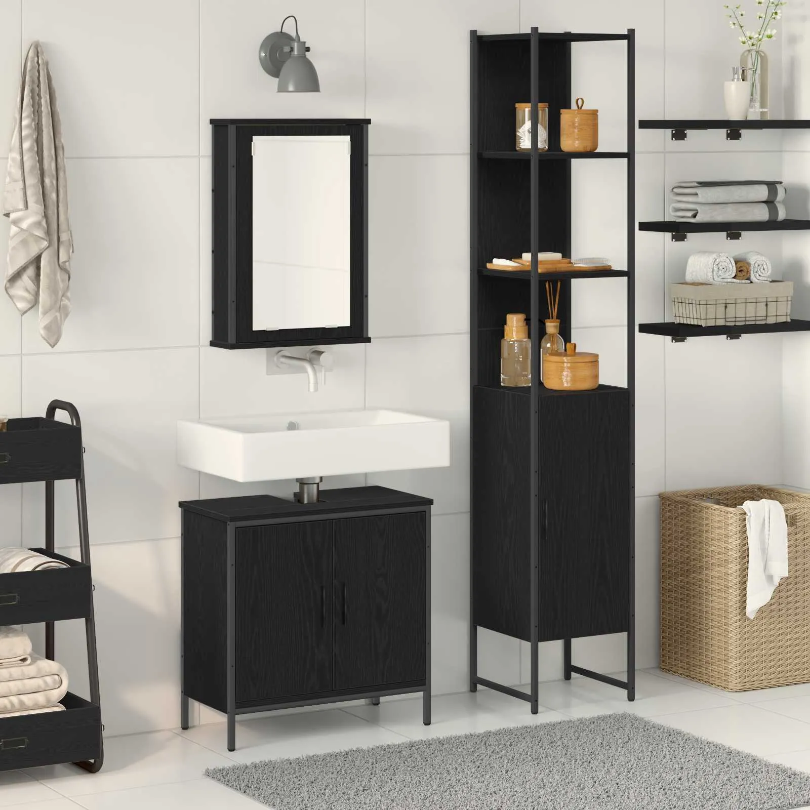 vidaXL Set namještaja za kupaonicu 3 kom. Crna 33 x 33 x 185,5 cm - Venlo